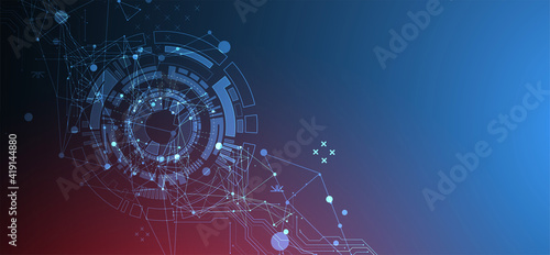 Abstract background with plexus effect. Scientific and technological concept with the use of technical elements formed in the shape of a circle.
