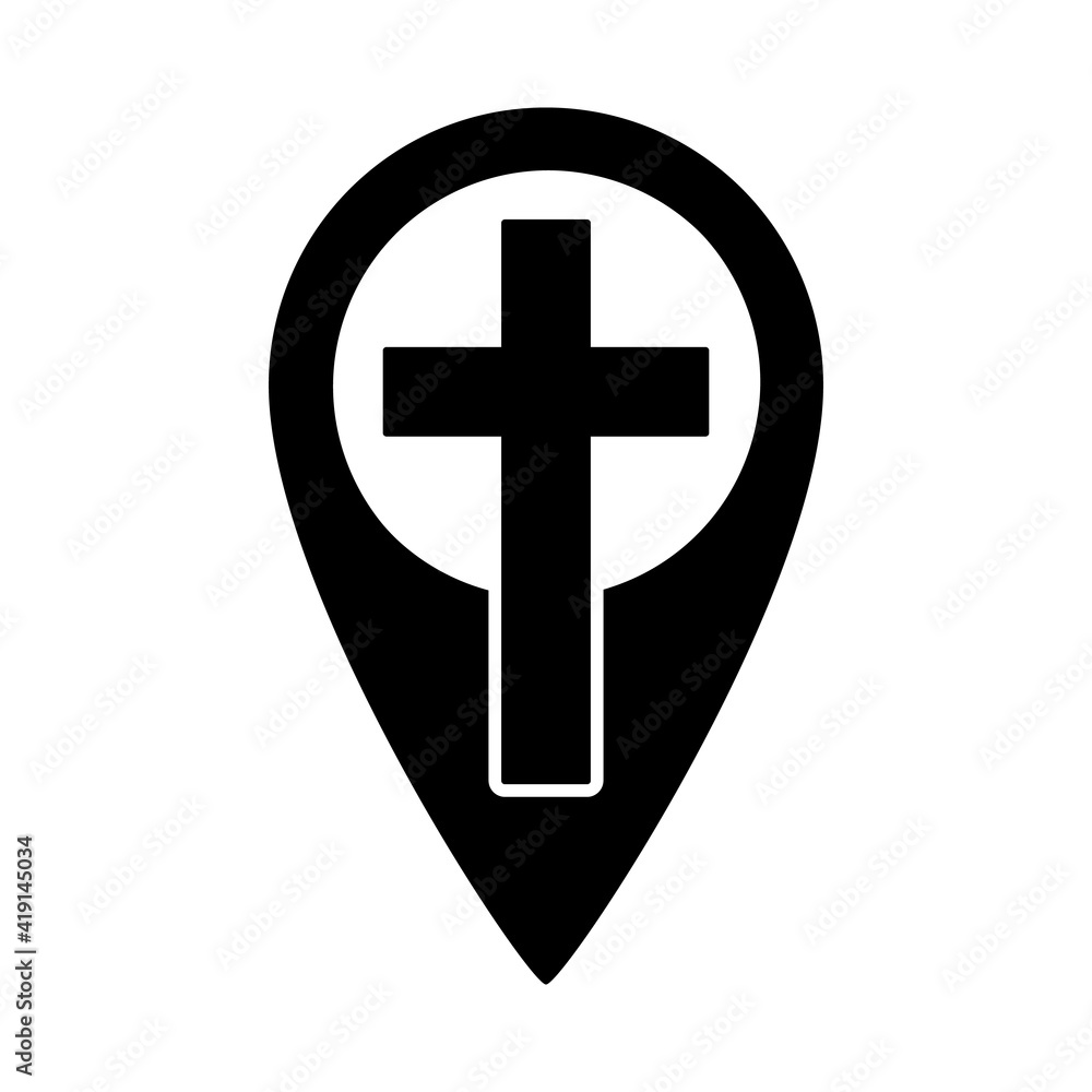 Christian cross with map point icon. Religion GPS symbol. Vector illustration. Christian cross with map point icon. Religion GPS symbol. Vector illustration.