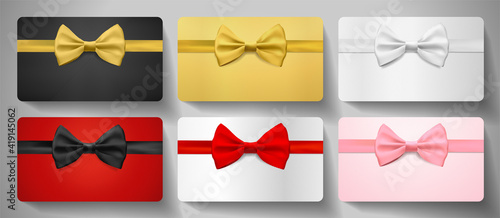 Gift card design collection. Luxury blank template with ribbon, bow in black, gold, red, silver and pink colors. Holiday vector set for gift certificate, voucher, shopping card