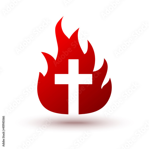 Christian cross icon in fire shape. Religion symbol. Vector illustration.