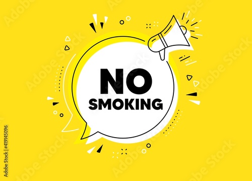 No smoking banner. Megaphone yellow vector banner. Stop smoke sign. Smoking ban symbol. Thought speech bubble with quotes. Now open chat think megaphone message. Infographics yellow background. Vector