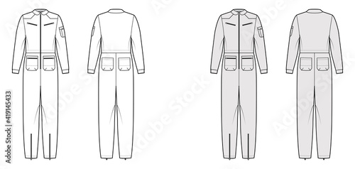 Aviator jumpsuit overall dungarees technical fashion illustration with full length, normal waist, zipper pockets, oversized. Flat apparel front back, white, grey color. Women, men unisex CAD mockup