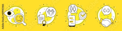 Heart, Restroom and Hold t-shirt line icons set. Licence, cell phone and deal vector icons. Eyeglasses sign. Love chat, Wc toilet, Laundry shirt. Optometry. People set. Heart speech bubble. Vector