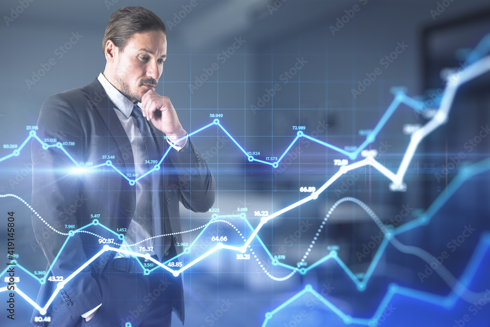 Big data analysis concept with pensive businessman looking on digital screen with growing statistic graphs Big data analysis concept with pensive businessman looking on digital screen with growing statistic graphs