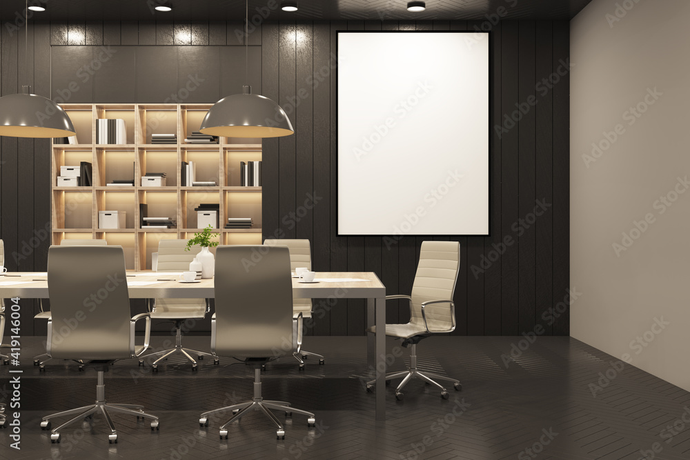 Blank white poster in modern conference room with black wall and floor, big light table and leather chairs around. 3D rendering Blank white poster in modern conference room with black wall and floor, big light table and leather chairs around. 3D rendering