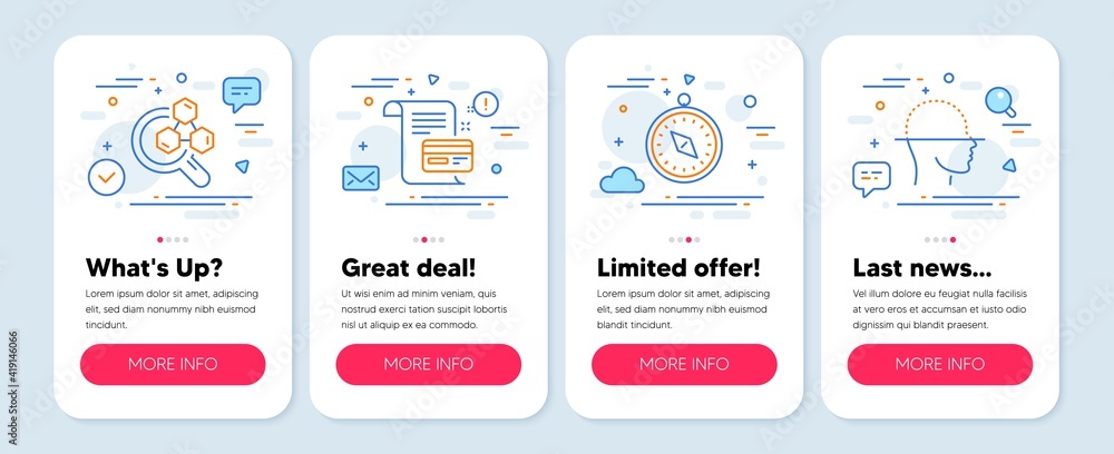 Set of Technology icons, such as Payment card, Travel compass, Chemistry lab symbols. Mobile screen mockup banners. Face scanning line icons. Vector Set of Technology icons, such as Payment card, Travel compass, Chemistry lab symbols. Mobile screen mockup banners. Face scanning line icons. Vector