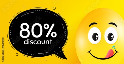 80 percent Discount. Easter egg with yummy smile face. Sale offer price sign. Special offer symbol. Easter smile character. Discount speech bubble. Yellow yummy egg background. Vector
