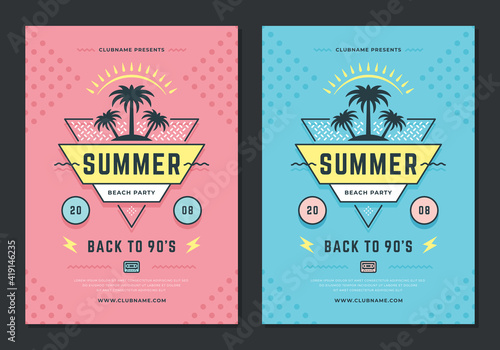 Summer beach party flyer or poster template 90s typography style