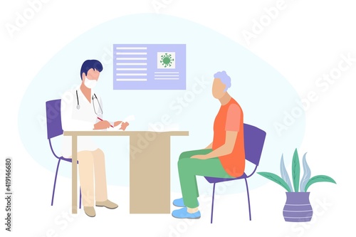 Elderly people and pensioners are hospitalized in quarantine, treated in the hospital, make a drip, 
injections, take pills, sit on a wheelchair, doctors care. Vector illustration.