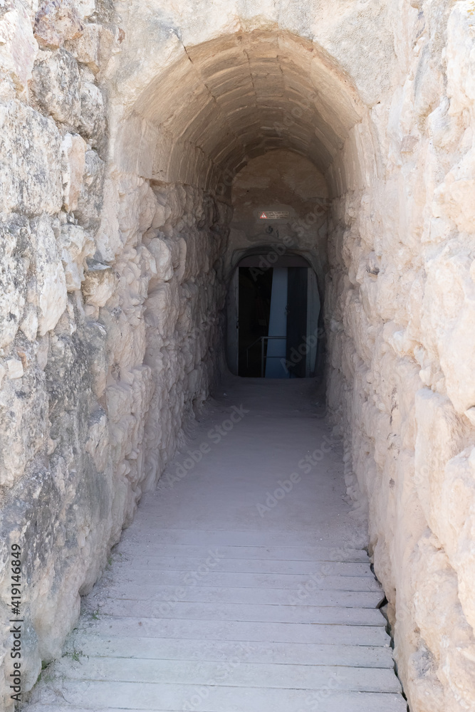 Exit  from the underground system of tunnels in ruins of the palace of King Herod - Herodion in the Judean Desert, in Israel