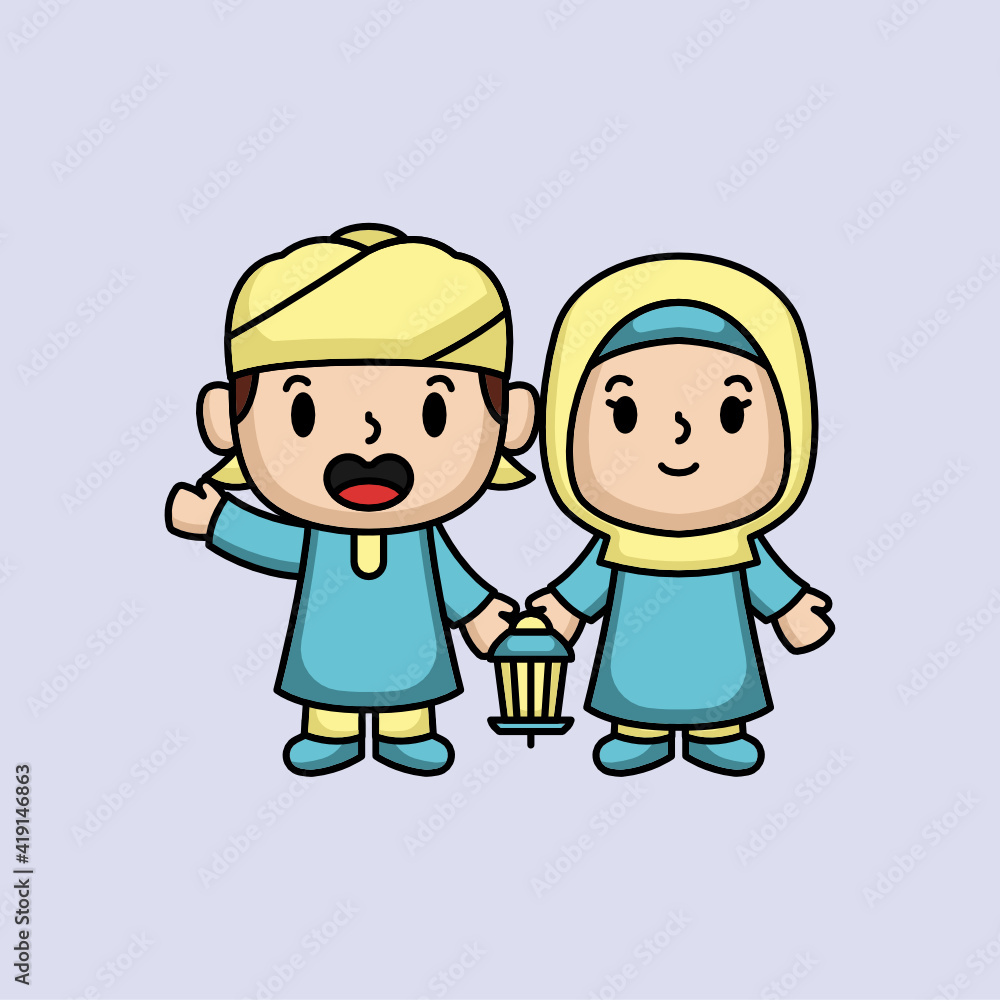Cute Muslim kids Ramadan Kareem theme mascot illustration Cute Muslim kids Ramadan Kareem theme mascot illustration