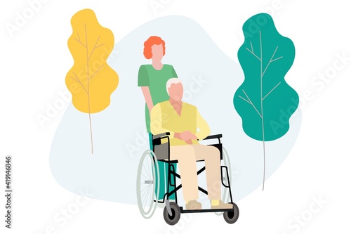 Elderly people and pensioners are hospitalized in quarantine, treated in the hospital, make a drip, 
injections, take pills, sit on a wheelchair, doctors care. Vector illustration.