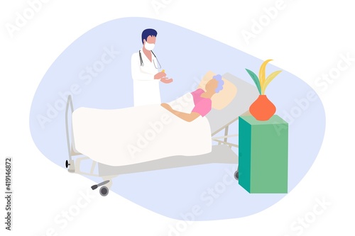 Elderly people and pensioners are hospitalized in quarantine, treated in the hospital, make a drip, 
injections, take pills, sit on a wheelchair, doctors care. Vector illustration.