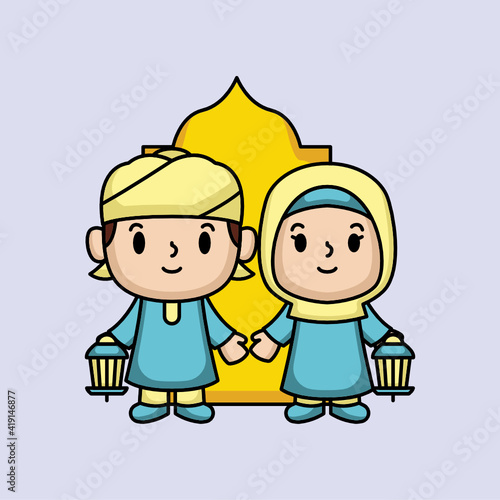 Cute Muslim kids Ramadan Kareem theme mascot illustration