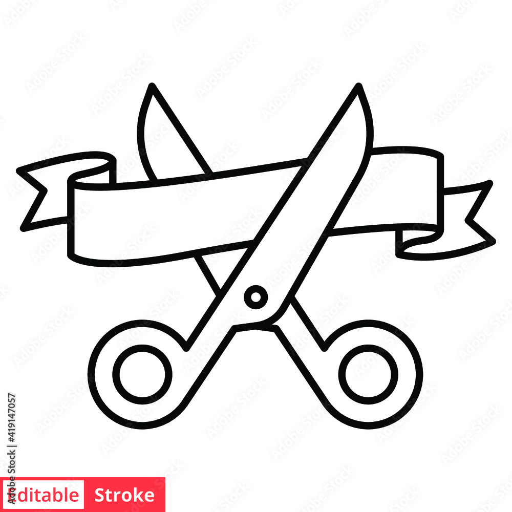 Grand opening line icon. Simple outline style for web and mobile app design element. Open, ribbon, cut, scissor, inauguration, ceremony concept. Vector illustration isolated. Editable stroke EPS 10. Grand opening line icon. Simple outline style for web and mobile app design element. Open, ribbon, cut, scissor, inauguration, ceremony concept. Vector illustration isolated. Editable stroke EPS 10.