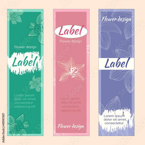 Vertical frames for text with contour vanilla flowers, corporate identity. Floral label, perfume, clothing, linen tags.