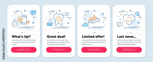 Set of Business icons, such as Dental insurance, Growth chart, Flights application symbols. Mobile app mockup banners. Smile face line icons. Oral medicine, Sale diagram, Airport app. Vector
