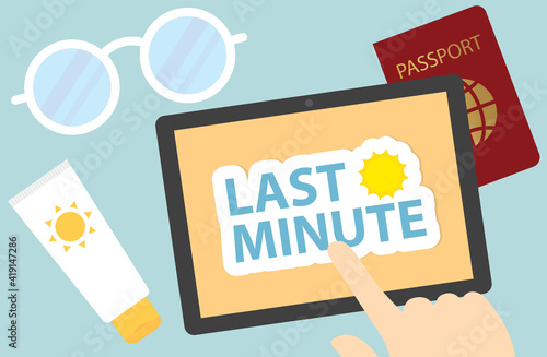 finger pointing at last minute summer vacation offer- vector illustration