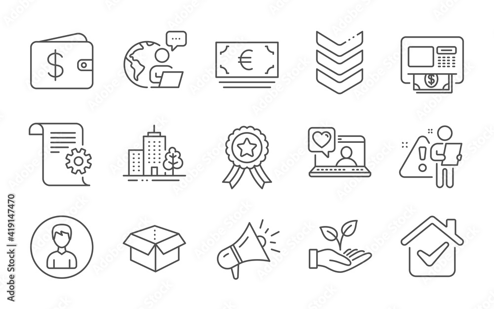 Technical documentation, Person and Helping hand line icons set. Shoulder strap, Skyscraper buildings and Megaphone signs. Dollar wallet, Open box and Friends chat symbols. Line icons set. Vector Technical documentation, Person and Helping hand line icons set. Shoulder strap, Skyscraper buildings and Megaphone signs. Dollar wallet, Open box and Friends chat symbols. Line icons set. Vector