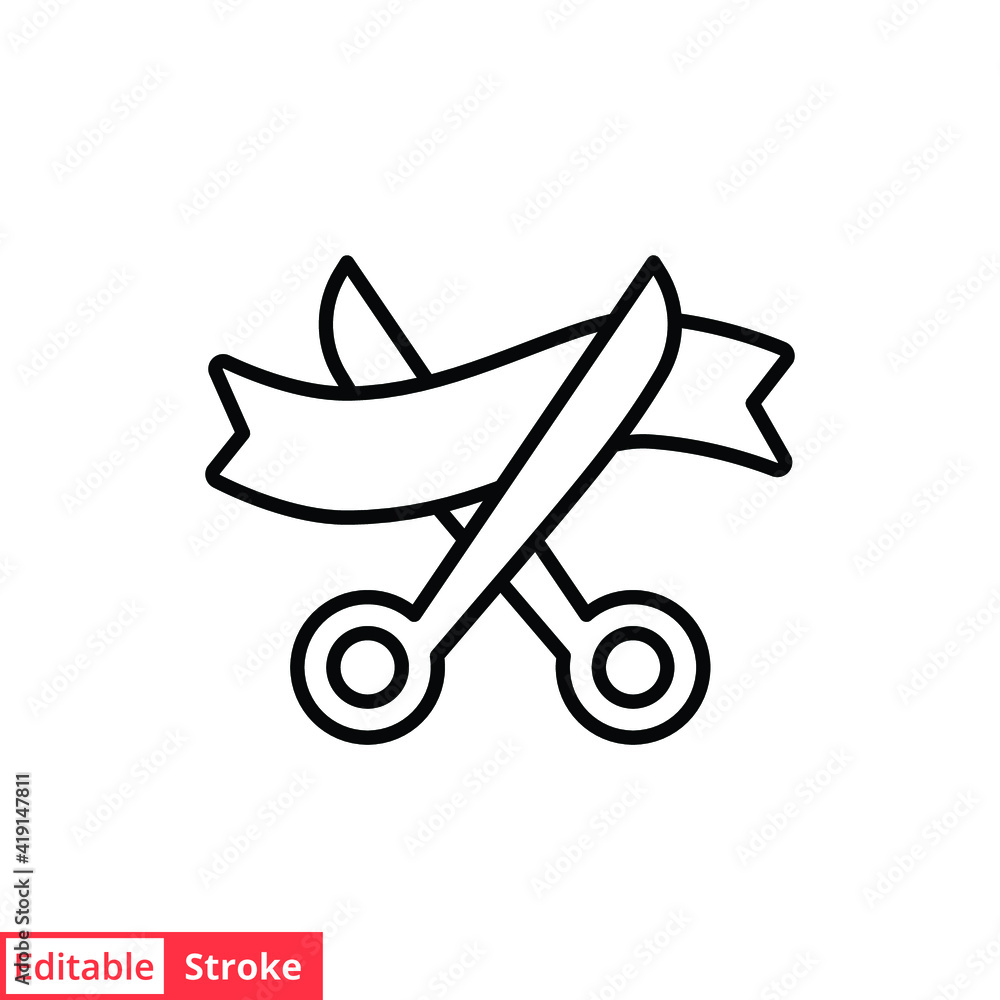 Grand opening line icon. Simple outline style for web and mobile app design element. Open, ribbon, cut, scissor, inauguration, ceremony concept. Vector illustration isolated. Editable stroke EPS 10. Grand opening line icon. Simple outline style for web and mobile app design element. Open, ribbon, cut, scissor, inauguration, ceremony concept. Vector illustration isolated. Editable stroke EPS 10.
