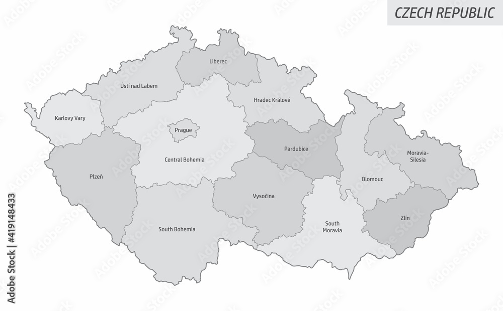 The Czech Republic isolated map divided in regions with labels