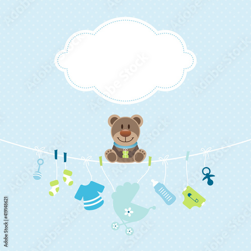 Teddy & Hängende Babyicons Junge Wolke Punkte Blau/Grün