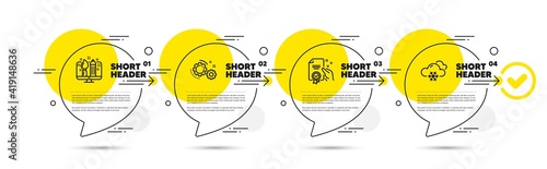 Certificate, Creative design and Gears line icons set. Timeline infograph speech bubbles. Snow weather sign. Certified guarantee, Designer, Work process. Snowflake. Business set. Vector