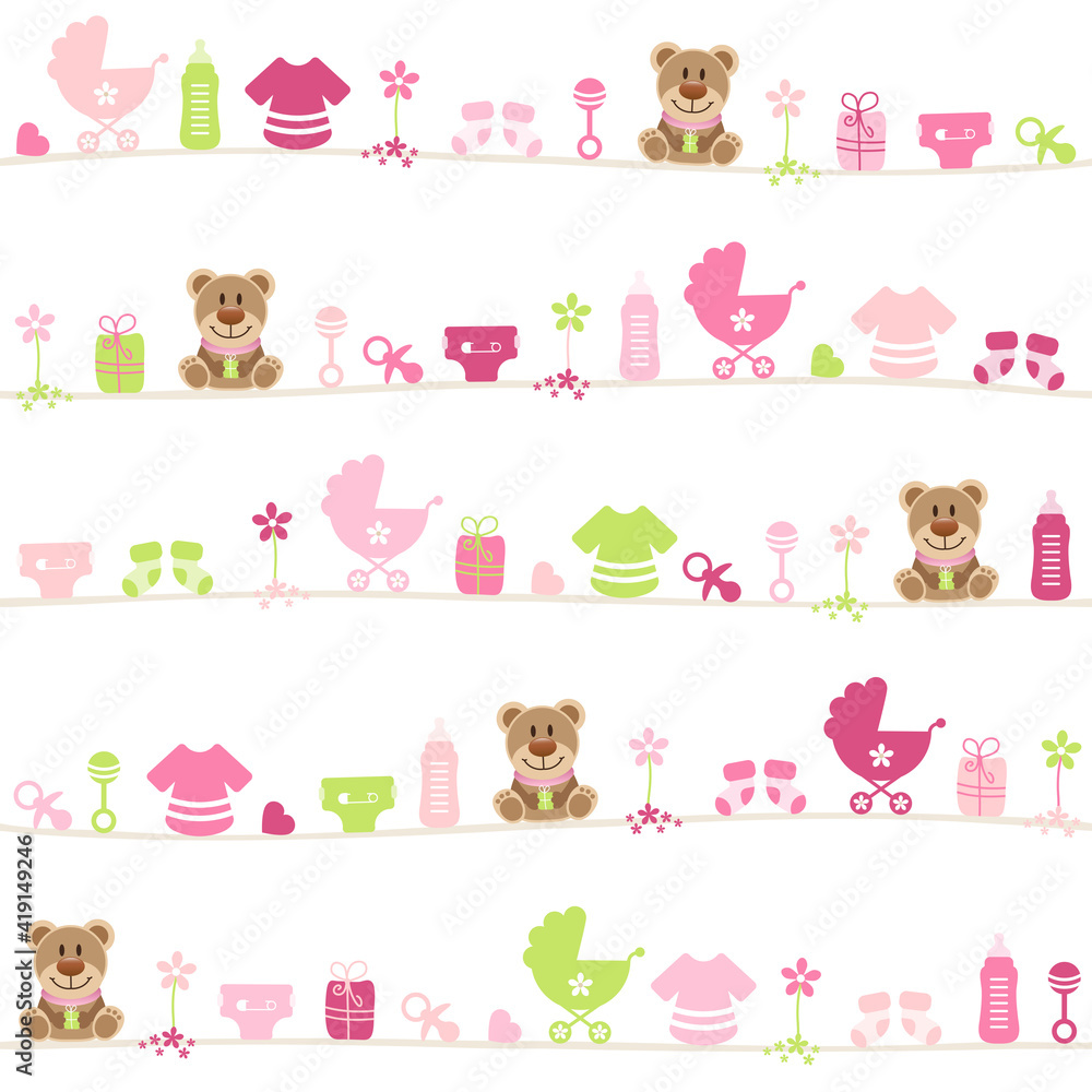 Fototapeta premium Endlosmuster Baby Mädchen Teddy Icons