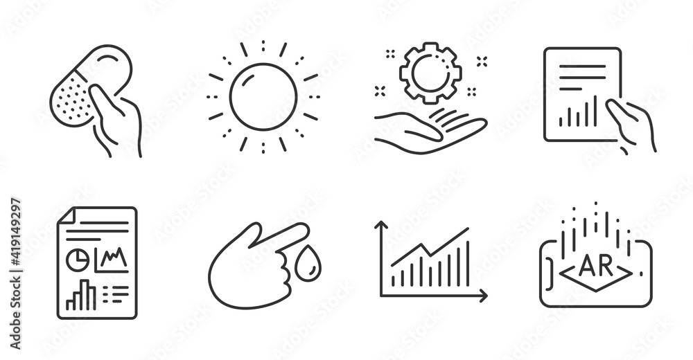 Augmented reality, Employee hand and Graph line icons set. Blood donation, Capsule pill and Report document signs. Sun energy, Document symbols. Quality line icons. Augmented reality badge. Vector