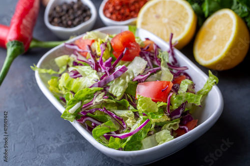 Turkish cuisine with lettuce salad, purple cabbage and tomato