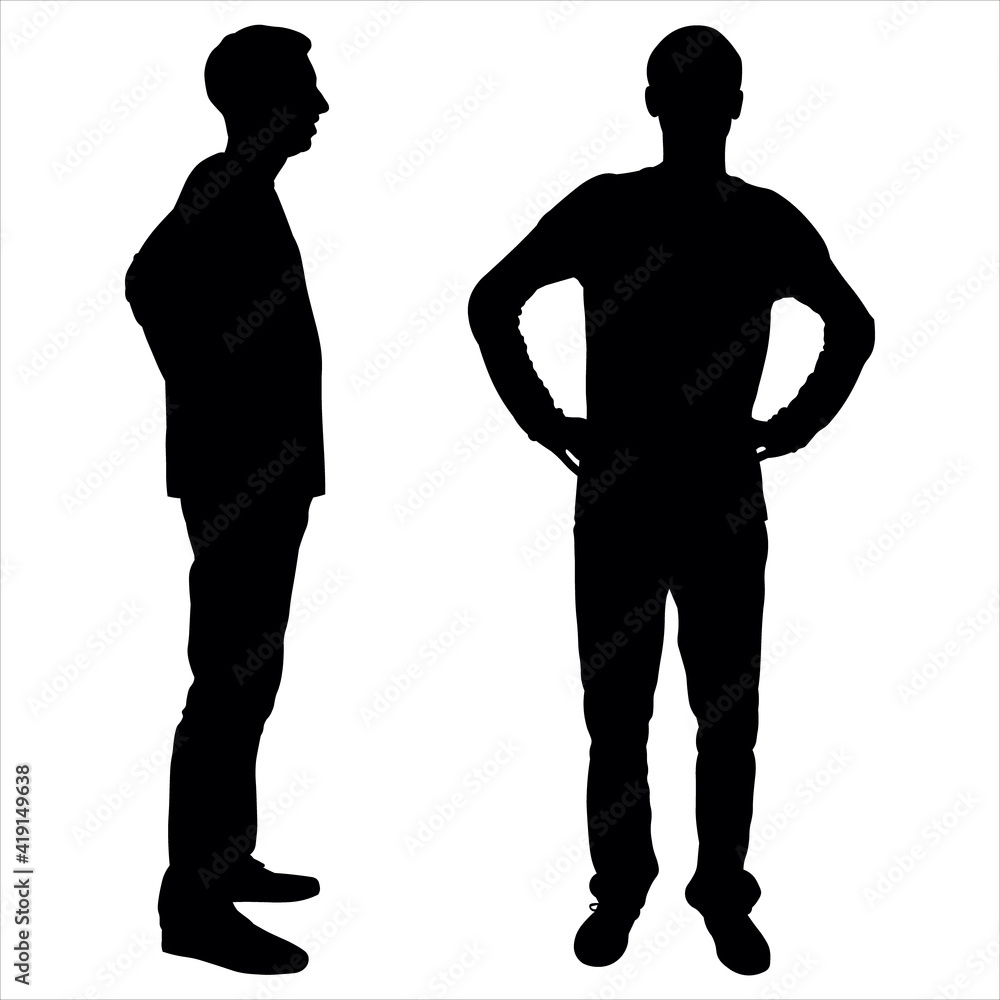 Two silhouettes of boys, men without movement, stand straight, upright. Side view, profile, full face. Male silhouette with back is straight, arms lie along the body, legs gathered together.