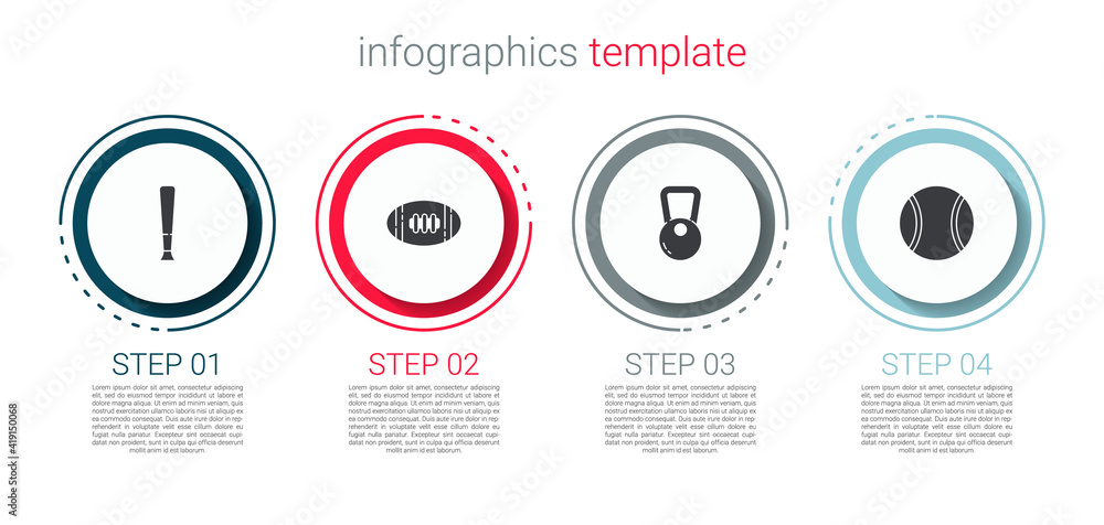 Set Baseball bat, American Football, Kettlebell and Tennis. Business infographic template. Vector. Set Baseball bat, American Football, Kettlebell and Tennis. Business infographic template. Vector.