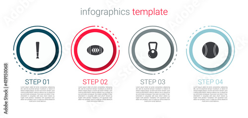 Set Baseball bat, American Football, Kettlebell and Tennis. Business infographic template. Vector.