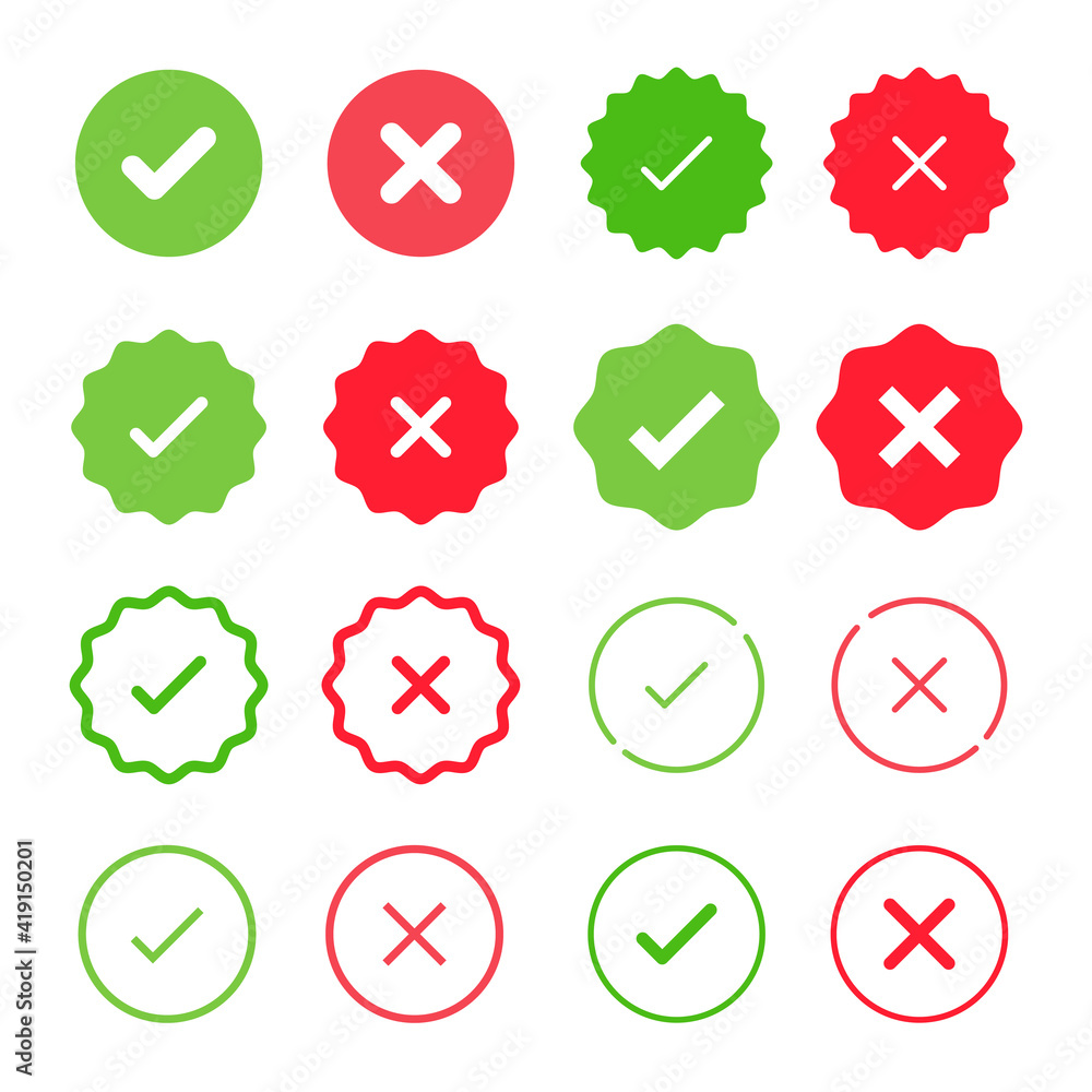Set of Check Mark Icons. Tick and Cross Vector Signs. Yes and No labels. Approved and Rejected emblems. Set of Check Mark Icons. Tick and Cross Vector Signs. Yes and No labels. Approved and Rejected emblems.