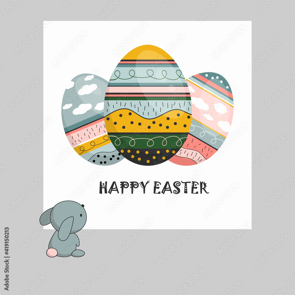 Fototapeta premium Bunny looks at Easter card. Three colorful eggs with phrase Happy Easter