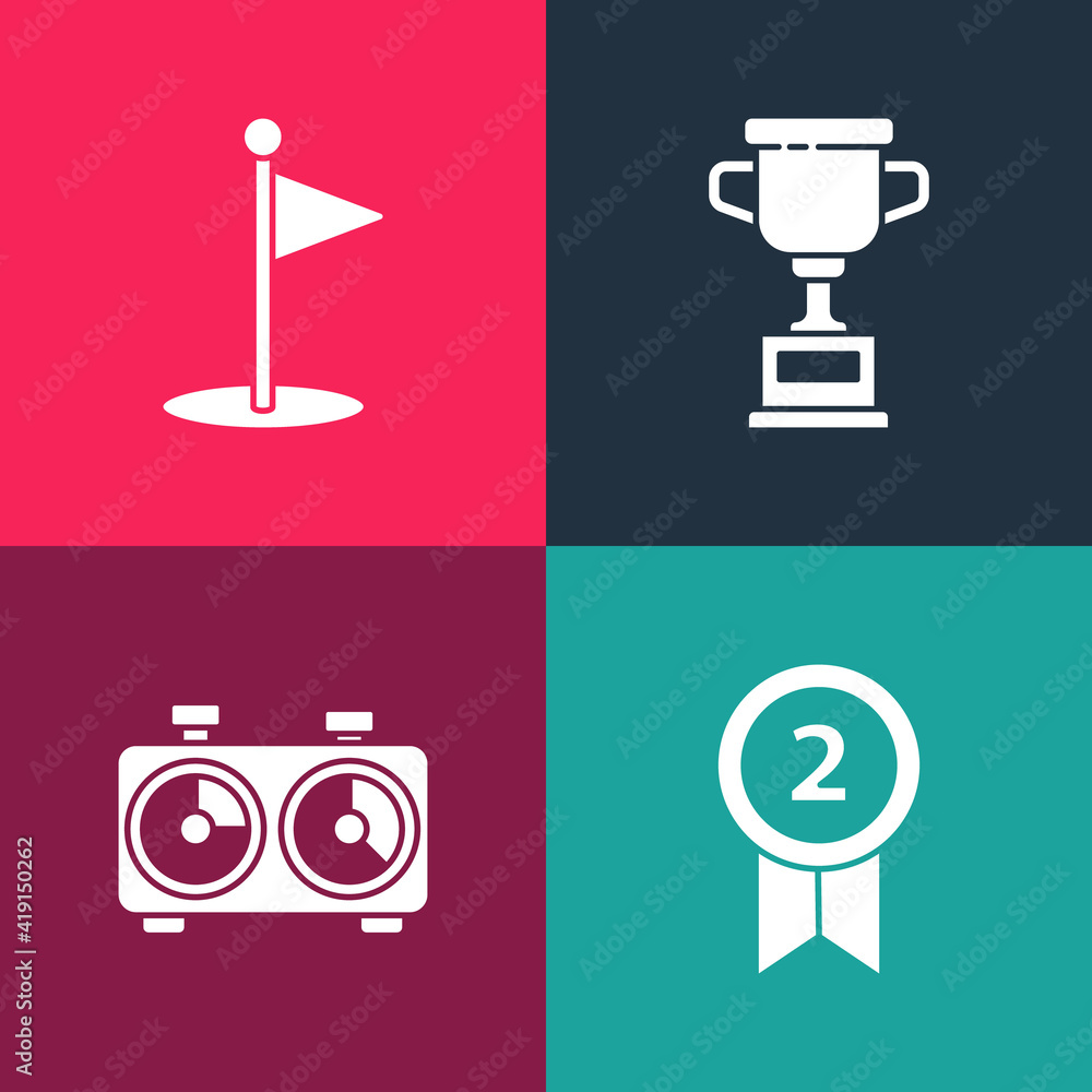 Set pop art Medal, Time chess clock, Award cup and Golf flag icon. Vector. Set pop art Medal, Time chess clock, Award cup and Golf flag icon. Vector.