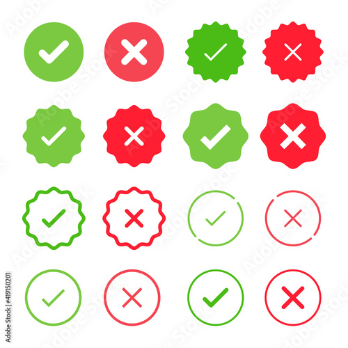 Set of Check Mark Icons. Tick and Cross Vector Signs. Yes and No labels. Approved and Rejected emblems.
