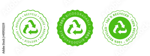 Recycle Reuse Reduce Icon. 100% Biodegradable Recycled Vector Sign. Package eco packet logo.