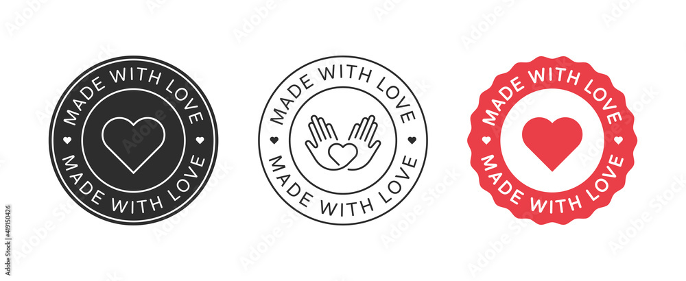 Made with Love Emblems. Handcrafted Icon signs. Handmade label badges vector design.