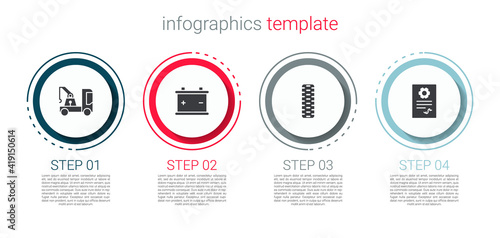 Set Tow truck, Car battery, tire wheel and Auto service check automotive. Business infographic template. Vector.
