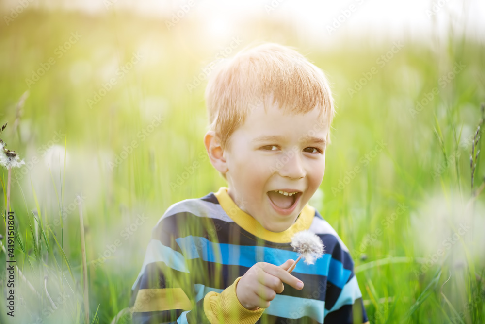 Happy boy standing on the field with dandelions Happy boy standing on the field with dandelions