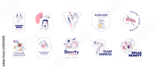 Vector beauty logo template. For business in the industry of beauty, health, personal hygiene. Linear stylized image. Logo of a beauty salon, health industry, makeup artist.