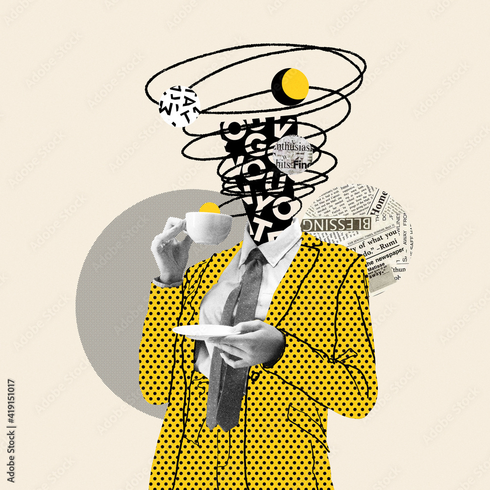 Taking a break. Comics styled yellow dotted suit. Modern design, contemporary art collage. Inspiration, idea concept, trendy urban magazine style. Negative space to insert your text or ad. - obrazy, fototapety, plakaty 