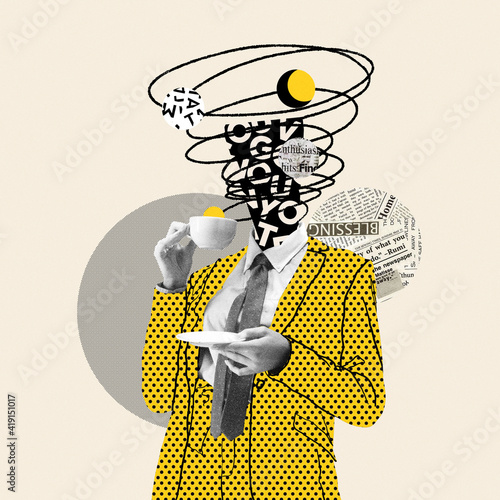 Taking a break. Comics styled yellow dotted suit. Modern design, contemporary art collage. Inspiration, idea concept, trendy urban magazine style. Negative space to insert your text or ad.