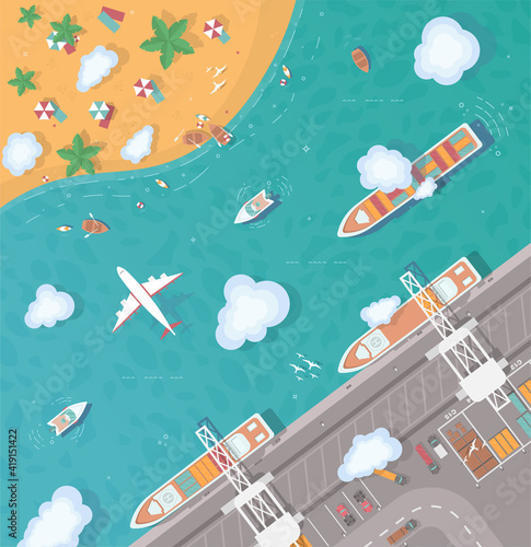 Illustration of an island in the middle of the ocean. Cargo port in flat style. Top view. Container ship, cargo ship, yacht, boat and harbor, industry shipping transport, crane and dock. 
