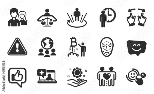 Global business, Smile face and Face biometrics icons simple set. Like, Friends couple and Move gesture signs. Bitcoin project, Medical help and Customer satisfaction symbols. Flat icons set. Vector