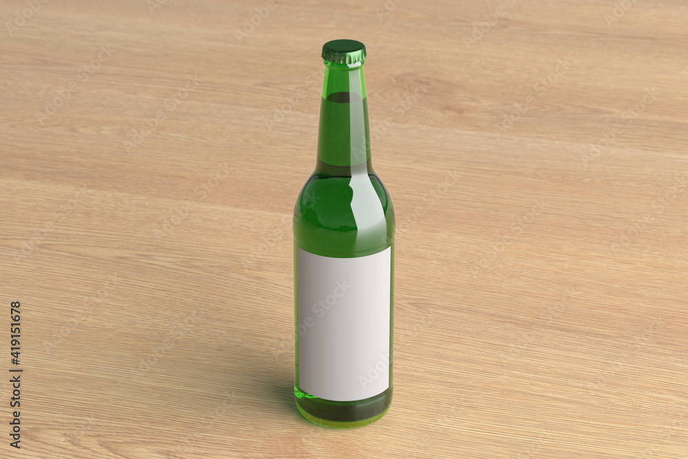 Beer bottle 500ml mock up with blank label on wooden background.
