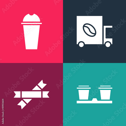 Set pop art Coffee cup to go, Sugar stick packets, street truck machine and Milkshake icon. Vector.