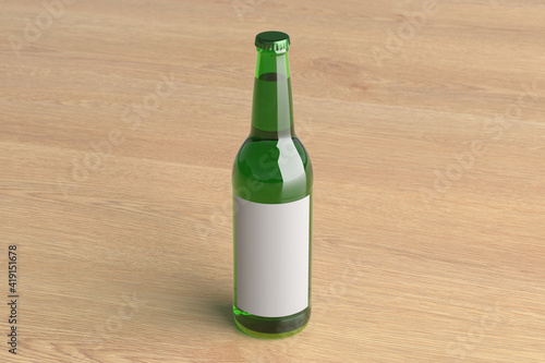 Beer bottle 500ml mock up with blank label on wooden background.