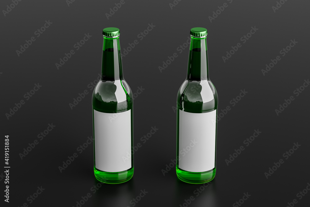 Two beer bottles 500ml mock up with blank label on black background. Two beer bottles 500ml mock up with blank label on black background.